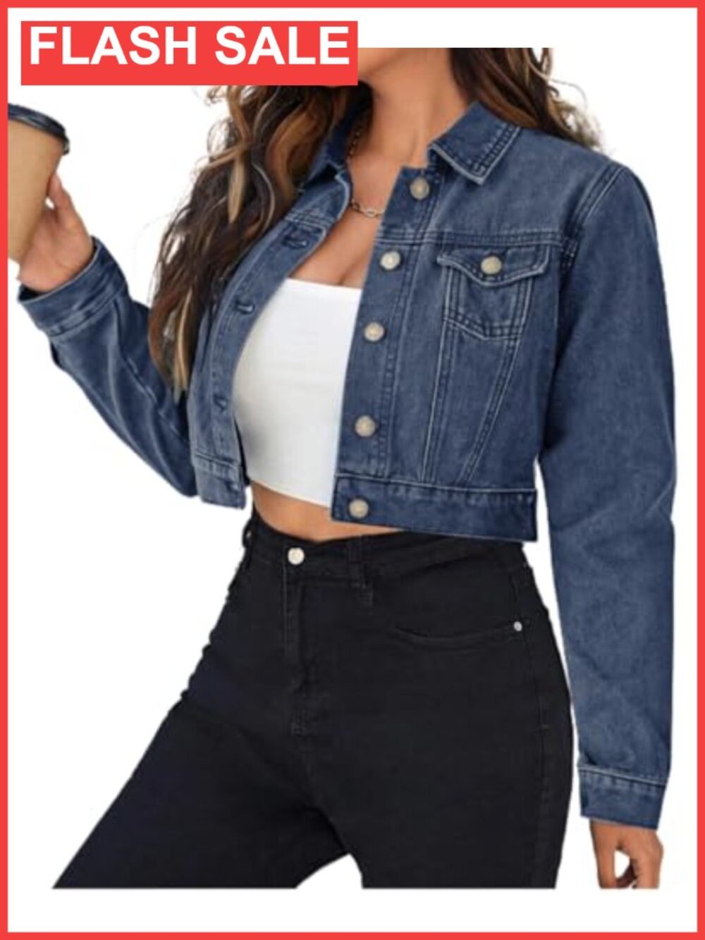 Cropped Denim Jean Jacket Button Down Long Sleeve Cotton Women's